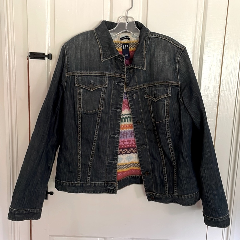 GAP stretch denim jacket, multi-colored yarn knitted lining.